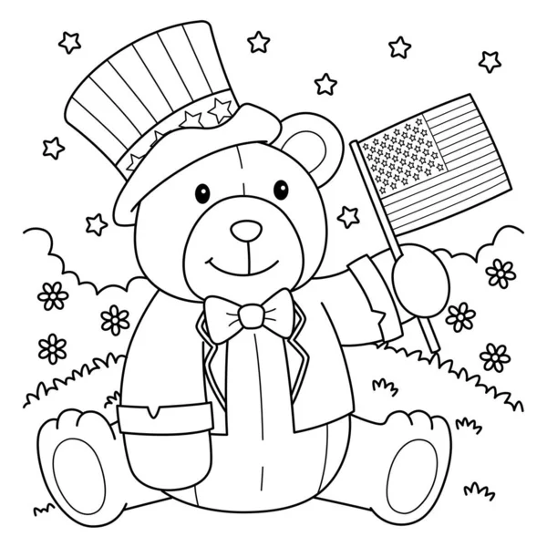 Cute Funny Coloring Page 4Th July Teddy Bear Flag Provides — Stock Vector