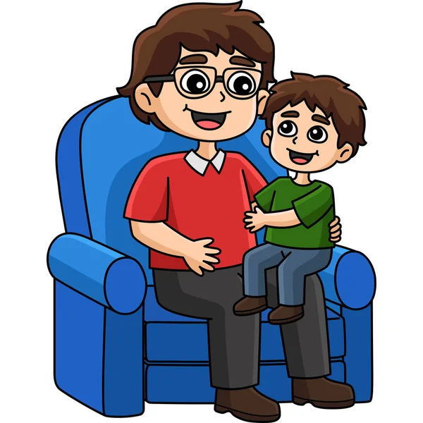 Questa Clipart Cartone Animato Mostra Figlio Seduto Sui Padri Lap — Vettoriale Stock