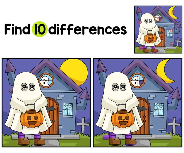 Vind Spot Verschillen Deze Ghost Trick Treating Halloween Kids Activiteitenpagina — Stockvector