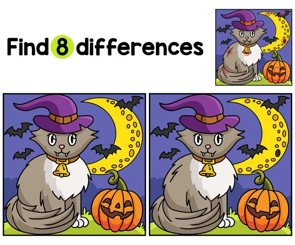 Hitta Eller Skillnaderna Denna Vampire Cat Halloween Kids Aktivitetssida Ett — Stock vektor