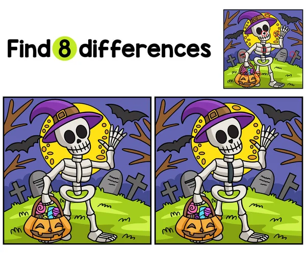 Zoek Spot Verschillen Deze Skeleton Halloween Kids Activiteitenpagina Een Grappig — Stockvector