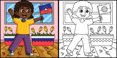 Bu boyama sayfasında Afro Çocuk Tutucu Haziran Bayrağı var. Bu illüstrasyonun bir tarafı renkli ve çocuklar için bir ilham kaynağı..