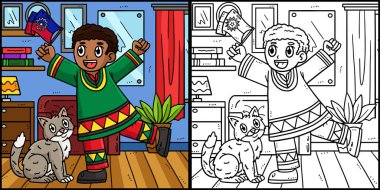 Bu boyama sayfasında Afro-Amerikan Çocuk ve Bayrağı var. Bu illüstrasyonun bir tarafı renkli ve çocuklar için bir ilham kaynağı.