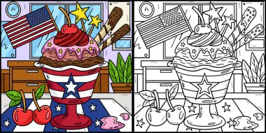 Bu boyama sayfası Bayrak ile birlikte bir Dondurma Parfait 'i gösteriyor. Bu illüstrasyonun bir tarafı renkli ve çocuklar için bir ilham kaynağı..