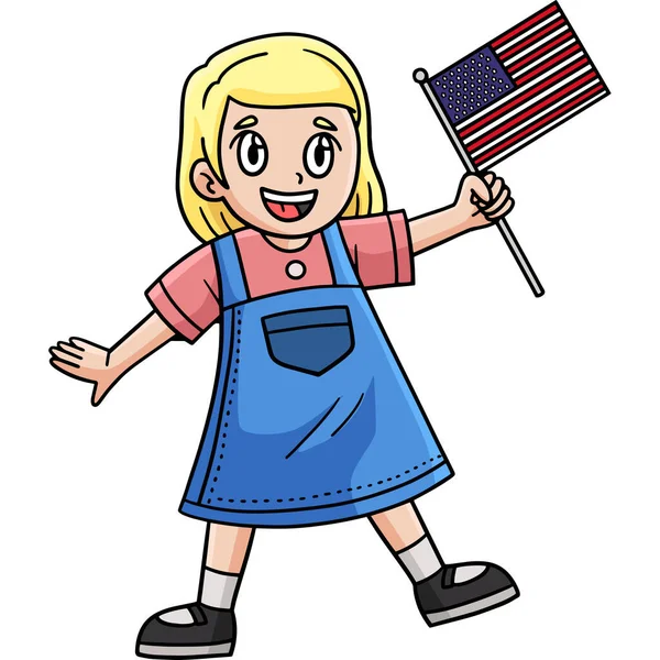 这个卡通片部分展示了一个摇动着美国国旗的孩子 — 图库矢量图片