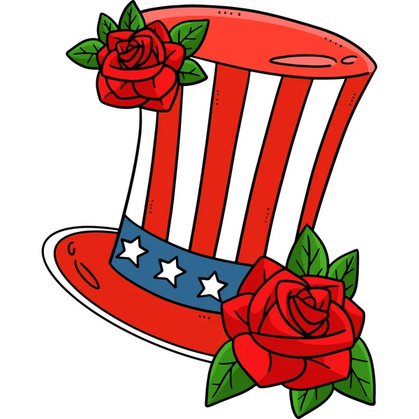 この漫画のクリップは バラの花のイラストとアメリカのトップハットを示しています — ストックベクタ