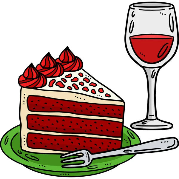 この漫画のクリップは ワインのイラストのグラスとケーキのスライスを示しています — ストックベクタ