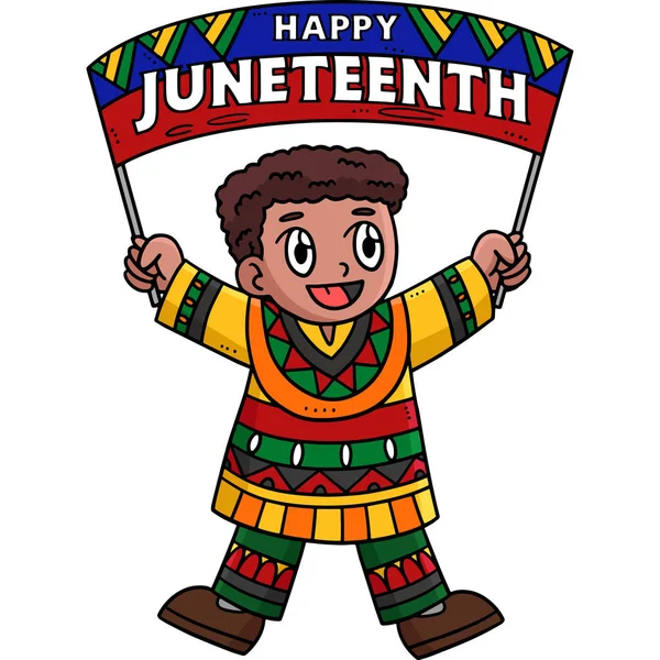 Cartoon Clipart Shows Happy Juneteenth Boy Holding Banner Illustration — Stock Vector
