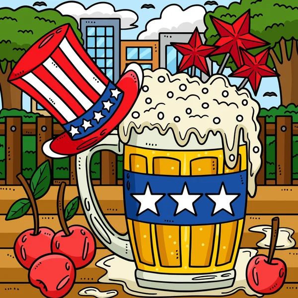 この漫画のクリップは トップハットのイラストで7月4日のビールマグカップを示しています — ストックベクタ