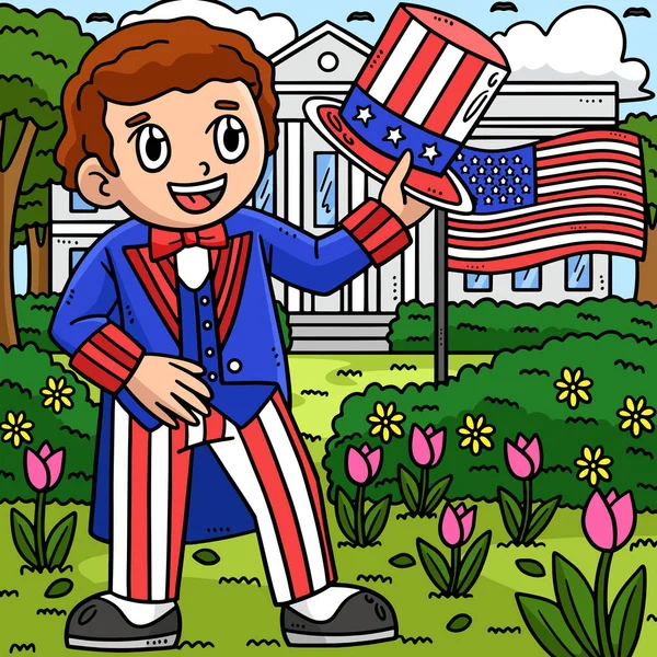 Esta Caricatura Clipart Muestra Julio Boy Con Tío Sam Outfit — Vector de stock