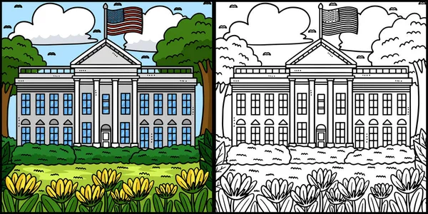 Kolorowanka Pokazuje Biały Dom Jedna Strona Tej Ilustracji Jest Kolorowa — Wektor stockowy