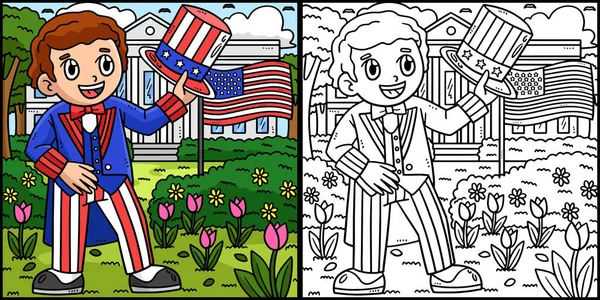 这个彩色页面展示了一个穿着山姆大叔装束的男孩 这个例子的一面是彩色的 对孩子们是一种启发 — 图库矢量图片