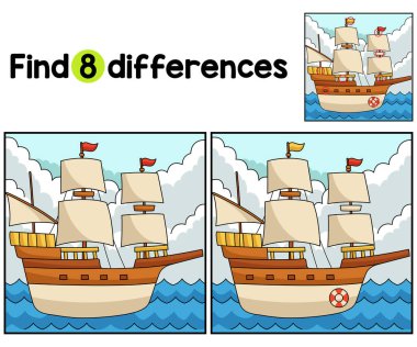 Pilgrim Boat Kids aktivite sayfasındaki farklılıkları bul ya da bul. Çocuklar için eğlenceli ve eğitici bir bulmaca eşleştirme oyunu.