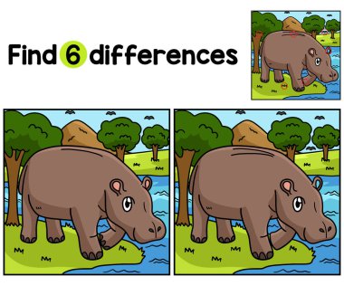 Hippo Çocukları aktivite sayfasındaki farklılıkları bul ya da bul. Çocuklar için eğlenceli ve eğitici bir bulmaca eşleştirme oyunu.