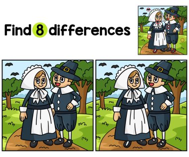 Pilgrim Girl ve Pilgrim Boy 'un aktivite sayfasındaki farklılıkları bul ya da bul. Çocuklar için eğlenceli ve eğitici bir bulmaca eşleştirme oyunu.