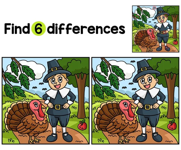 Βρείτε Εντοπίσετε Τις Διαφορές Αυτή Σελίδα Δραστηριοτήτων Pilgrim Boy Παιδιά — Διανυσματικό Αρχείο