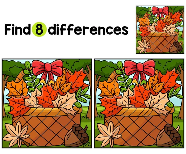 Stock vector Find or spot the differences on this Basket Autumn Leaves kids activity page. A funny and educational puzzle-matching game for children.