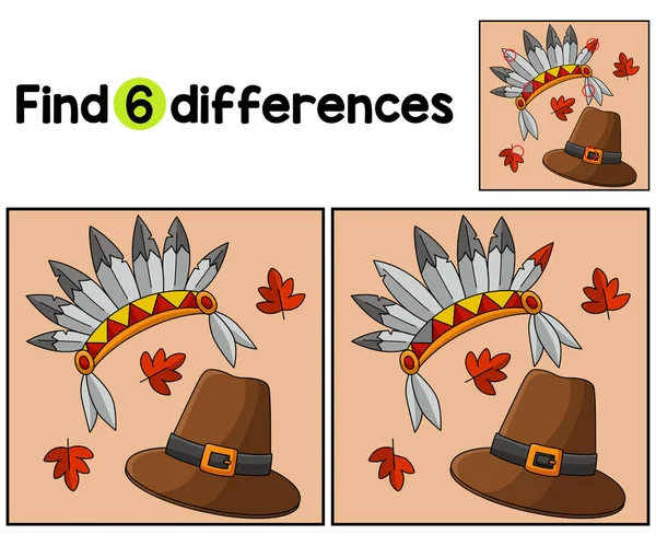 stock vector Find or spot the differences on this Indian headdress and pilgrim hat kids activity page. A funny and educational puzzle-matching game for children.