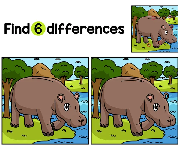 Hippo Çocukları Aktivite Sayfasındaki Farklılıkları Bul Bul Çocuklar Için Eğlenceli — Stok Vektör