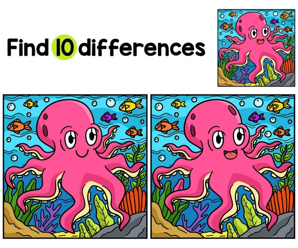 Encontre Localize Diferenças Nesta Página Atividades Para Crianças Octopus Divertido — Vetor de Stock