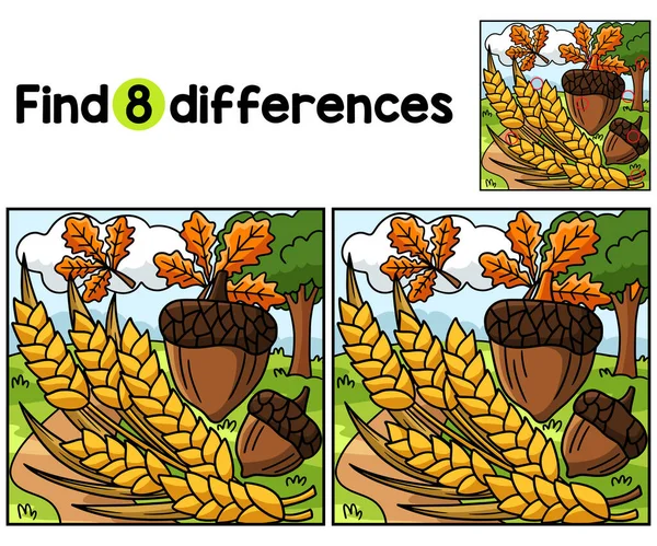 stock vector Find or spot the differences on this Wheat and Acorn kids activity page. A funny and educational puzzle-matching game for children.