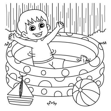 Yüzme havuzundaki bir çocuğun sevimli ve komik renkli sayfası. Çocuklar için saatlerce boyama eğlencesi sağlıyor. Renk, bu sayfa çok kolay. Küçük çocuklar ve yeni yürümeye başlayanlar için uygun..