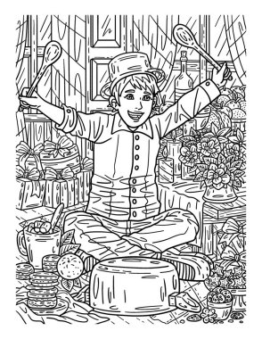 A cute and beautiful coloring page of a Boy banging a pot. Provides hours of coloring fun for adults. clipart