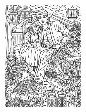 A cute and beautiful coloring page of a Parent and child over the bonfire. Provides hours of coloring fun for adults. clipart