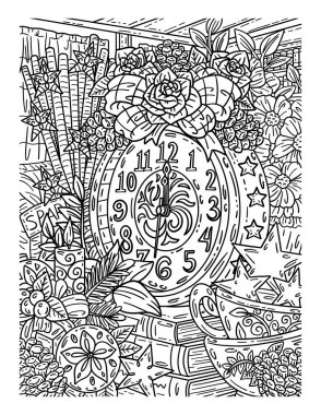 A cute and beautiful coloring page of a Clock with Decoration. Provides hours of coloring fun for adults. clipart