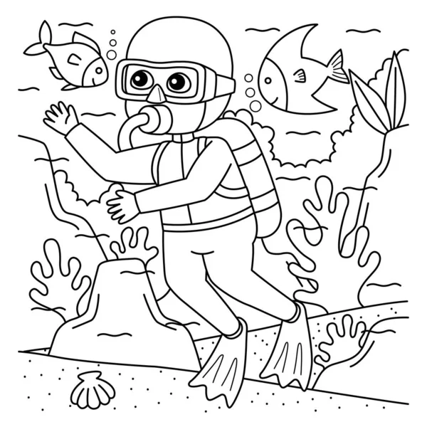 stock vector A cute and funny coloring page of a Boy Scuba Diving. Provides hours of coloring fun for children. Color, this page is very easy. Suitable for little kids and toddlers.