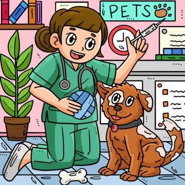 Bu karikatür klibinde veteriner ve köpek resimleri var..