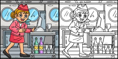 Bu boyama sayfasında yemek arabası olan bir hostes var. Bu illüstrasyonun bir tarafı renkli ve çocuklar için bir ilham kaynağı..