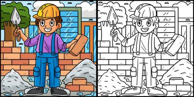 Bu renkli sayfa Mason ve Bricks 'i gösteriyor. Bu illüstrasyonun bir tarafı renkli ve çocuklar için bir ilham kaynağı..