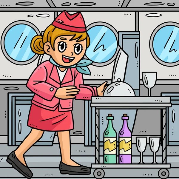 Denna Tecknade Clipart Visar Flygvärdinna Med Food Cart Illustration — Stock vektor