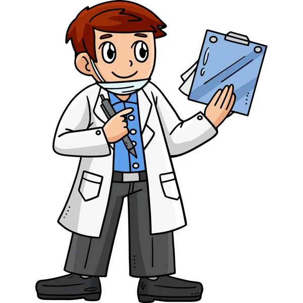 この漫画の断片はクリップボードのイラストが付いている医者を示します — ストックベクタ