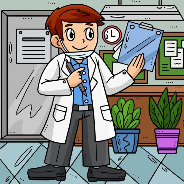 この漫画の断片はクリップボードのイラストが付いている医者を示します — ストックベクタ