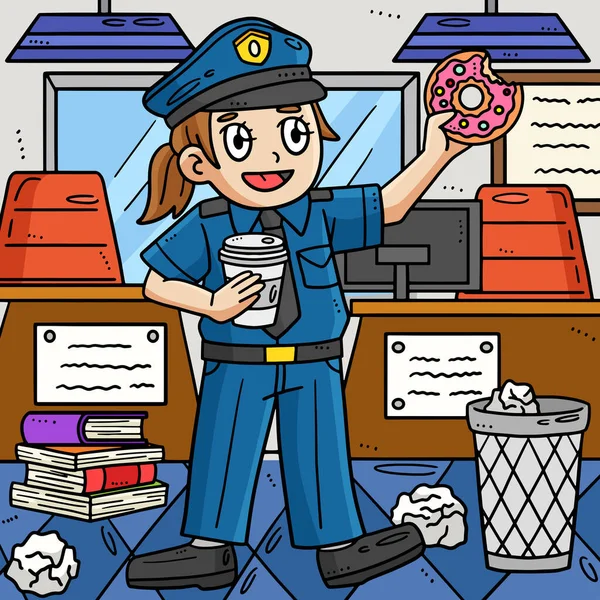 Karikatür Bir Polisin Kahve Molası Verdiğini Gösteriyor — Stok Vektör