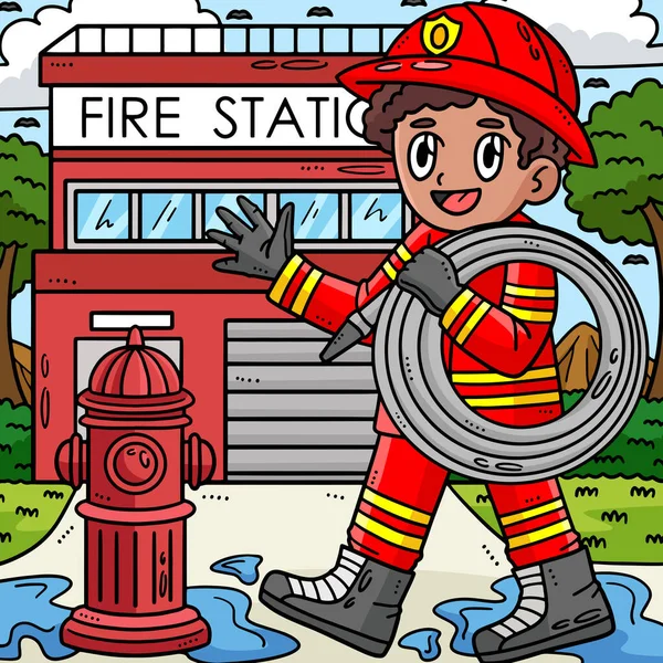 Clipart Dessin Animé Montre Pompier Avec Une Illustration Tuyau — Image vectorielle