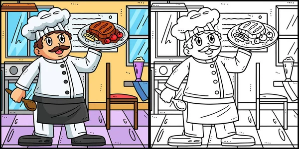 Kolorowanka Pokazuje Szefa Kuchni Tablicą Obsługową Jedna Strona Tej Ilustracji — Wektor stockowy