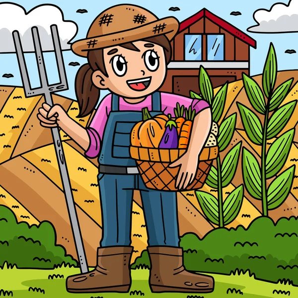 Este Clipart Dibujos Animados Muestra Agricultor Con Una Ilustración Cosecha — Vector de stock