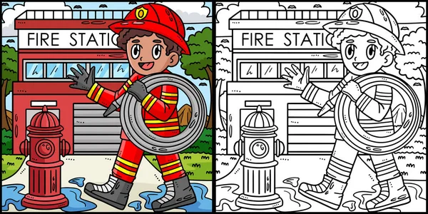 Cette Page Colorier Montre Pompier Avec Tuyau Côté Cette Illustration — Image vectorielle