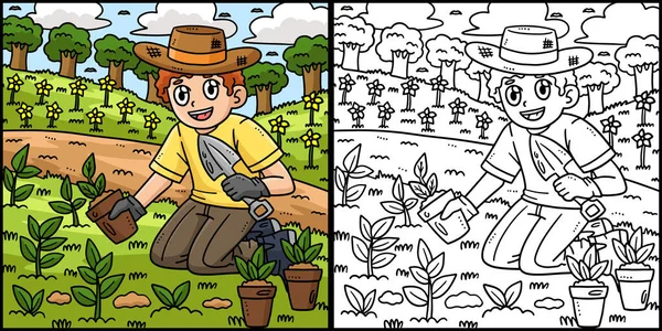 stock vector This coloring page shows a Gardener Planting Seedlings. One side of this illustration is colored and serves as an inspiration for children.