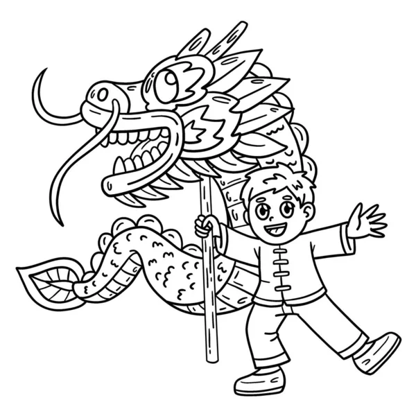 Симпатичная Смешная Раскраска Драконьего Танца Обеспечивает Детям Часы Раскрашивания Цвет — стоковый вектор