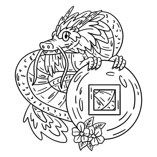 Симпатичная Смешная Раскраска Монеты Dragon Holding Обеспечивает Детям Часы Раскрашивания — стоковый вектор