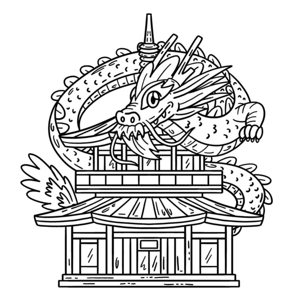 Una Página Para Colorear Lindo Divertido Dragón Pagoda Proporciona Horas — Vector de stock