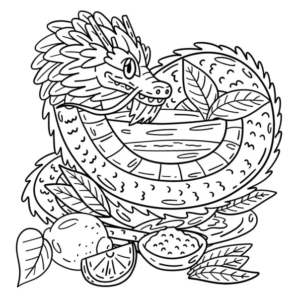 Uma Página Colorir Bonito Engraçado Dragon Surrounding Tea Cup Fornece — Vetor de Stock
