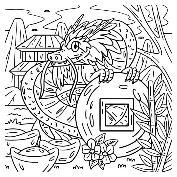 Una Simpatica Divertente Pagina Colorare Una Moneta Dragon Holding Fornisce — Vettoriale Stock
