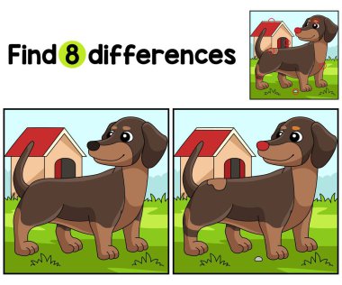 Bu Dachshund çocuk aktivite sayfasındaki farklılıkları bul ya da bul. Çocuklar için eğlenceli ve eğitici bir bulmaca eşleştirme oyunu.