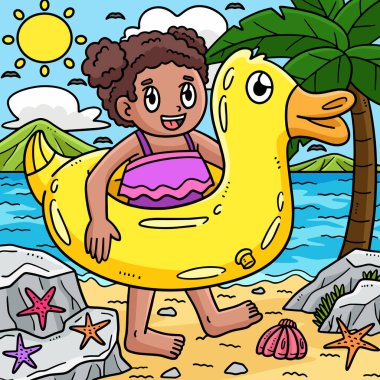 Bu karikatür, yüzme yüzüklü bir yaz çocuğunu gösteriyor..