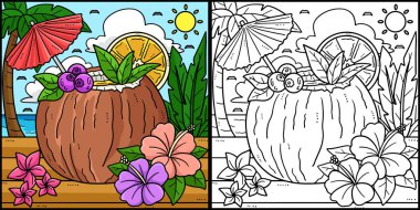 Bu boyama sayfası bir Yaz Hindistan Cevizi Kokteyli 'ni gösteriyor. Bu illüstrasyonun bir tarafı renkli ve çocuklar için bir ilham kaynağı..